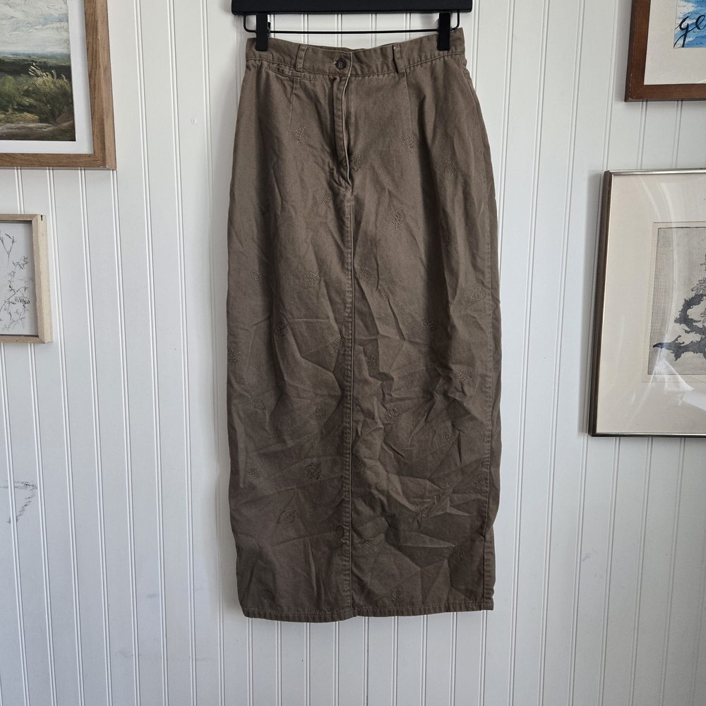 Christopher & Banks Brown Cotton Midi 90's Pencil Skirt Embroidered Leaves
